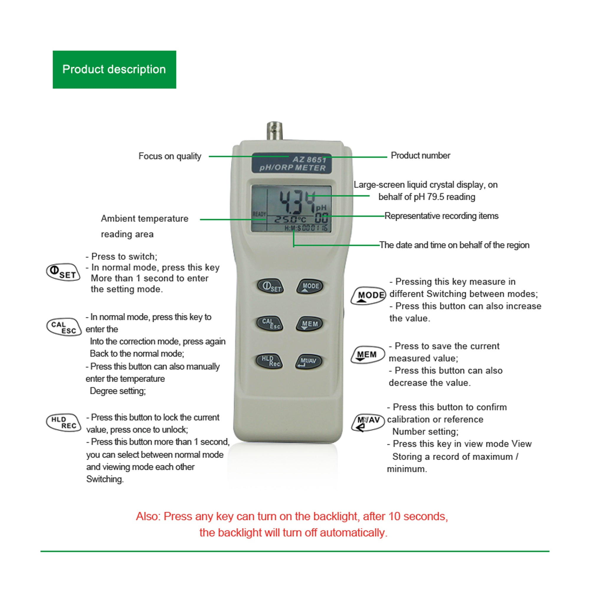 8651 AZ Digital Handheld Water Quality pH & ORP Meter